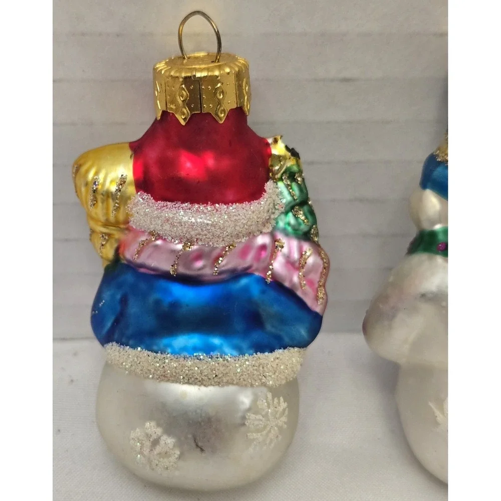 Lot/2 Vintage Unique Treasures Blown Glass Snowman Christmas Ornaments Glitter